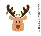 Set of cute reindeer heads isolated on a white background. Funny Simple flat vector illustration Christmas reindeer in hat and garland with light bulbs