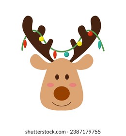 Set of cute reindeer heads isolated on a white background. Funny Simple flat vector illustration Christmas reindeer in hat and garland with light bulbs