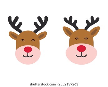 Conjunto de cabeças de rena bonitas isoladas em um fundo branco. Engraçado Simples vetor plano ilustração Renas de Natal em chapéu e grinalda com lâmpadas