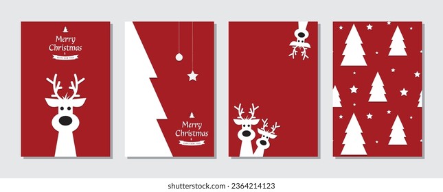 conjunto de renos Cute sobre un fondo rojo. Fondo de Navidad, pancarta o colección de tarjetas.