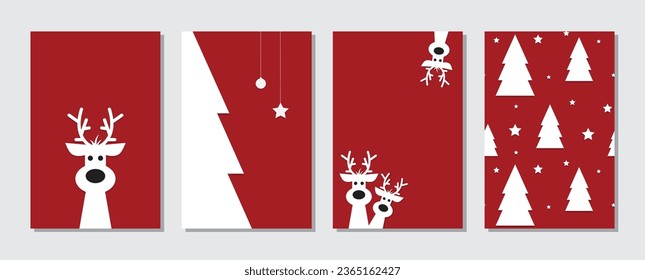 set of Cute reindeer on a red background. Christmas background, banner or card collection.
