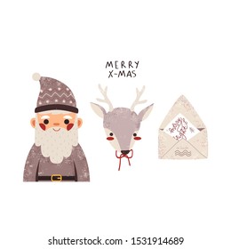 set of cute reindeer, santa claus and winter holidays letter illustrations with "merry x-mas" text. Winter holidays card or poster template