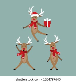 Set of cute reindeer wear red scarf and Santa hat isolated on green background. Cute cartoon character. Design for Xmas holiday. Vector illustration. 