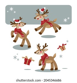 Set of cute reindeers wear red scarf and Santa hat on white background with gift box. Cartoon character in winter costume design for Christmas holiday season and New Year. Vector illustration.