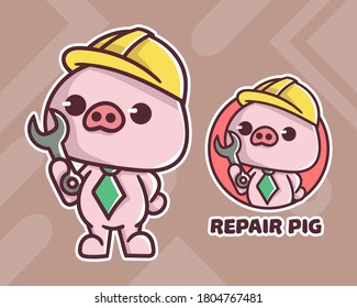 set of cute repair pig mascot logo with optional appearance. premium kawaii vector