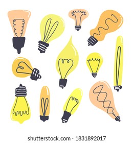 Set of cute retro bulbs, hand drawn flat illustration. Elements of nursery or scandinavian simple design. Symbol of idea, energy and creation. 