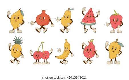 Conjunto de bonitos dibujos retro de fruta y mascotas de berry. sandía vintage, cereza, piña, mango, pera, granada, fruta de dragón, plátano, personajes de frambuesa. Ilustración vectorial. 