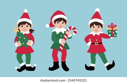 Conjunto de Vector plano de elfo de Navidad retro lindo ilustración de stock.
lindos y juguetones ayudantes de Santa Claus.
Elemento de diseño de Feliz Navidad.
Bueno para la tarjeta, Anuncio, bandera, folleto, cartel. 