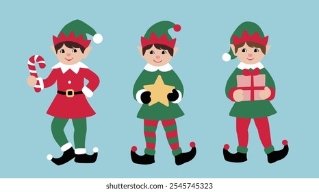 Conjunto de Vector plano de elfo de Navidad retro lindo ilustración de stock.
lindos y juguetones ayudantes de Santa Claus.
Elemento de diseño de Feliz Navidad.
Bueno para la tarjeta, Anuncio, bandera, folleto, cartel. 