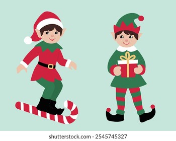 Set of cute retro Christmas elf flat Vector stock illustration.
cute playful Santa Claus helpers.
Merry Xmas design element.
Good for card, banner, flayer, leaflet, poster. 