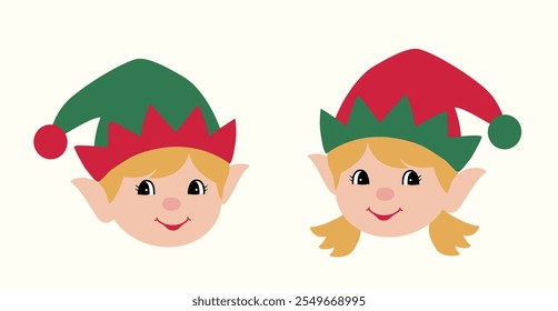 Conjunto de linda cabeza de elfo de Navidad retro plana ilustración de stock.
Bueno para la tarjeta, cartel, Anuncio, folleto.