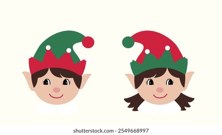 Conjunto de linda cabeza de elfo de Navidad retro plana ilustración de stock.
Bueno para la tarjeta, cartel, Anuncio, folleto.