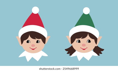 Conjunto de linda cabeza de elfo de Navidad retro plana ilustración de stock.
Bueno para la tarjeta, cartel, Anuncio, folleto.