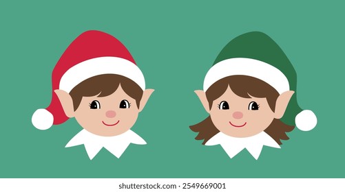 Conjunto de linda cabeza de elfo de Navidad retro plana ilustración de stock.
Bueno para la tarjeta, cartel, Anuncio, folleto.