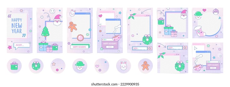 Set of cute retro Christmas stories, posts and highlights. Collection of purple 90s minimal elements for New year holidays and winter promo sale design. Gradient background with Santa and snowman.