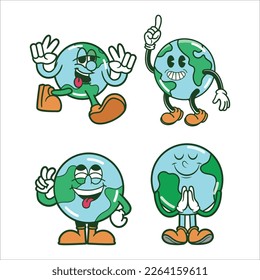 Set of Cute Retro Earth Mascot, Retro Earth Day Mascot vector Illustration