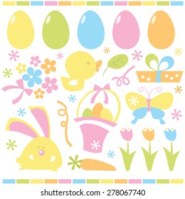 A set of cute retro easter and spring related clip arts stock vector illustration.