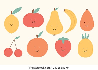 Set of cute retro fruits. Kawaii fruits. Collection of cute baby fruits. Vector illustration. Flat style.