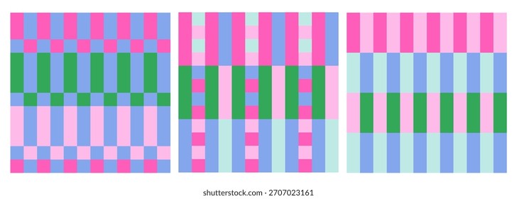 Set of cute retro geometric seamless patterns. Vintage flannel baby blanket print. Vector plaid illustration. Aesthetic minimalists checkered background.