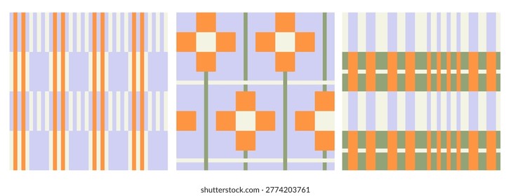 Set of cute retro geometric seamless patterns. Vintage flannel baby blanket print. Vector plaid illustration. Aesthetic maximalists checkered background.