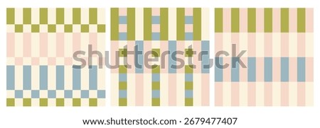 Set of cute retro geometric seamless patterns. Vintage flannel baby blanket print. Vector plaid illustration. Aesthetic minimalists checkered background.
