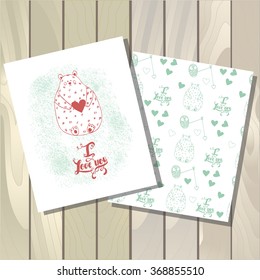 The set of cute retro hand drawn Valentine's Day cards. Funny Bear and owl with Heart. Sweet seamless pattern. Romantic hand lettering quote I Love You. Vector illustration and typography elements.