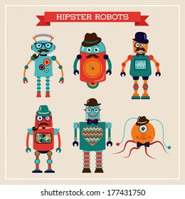 Set of cute retro hipster robots. Vector Illustration