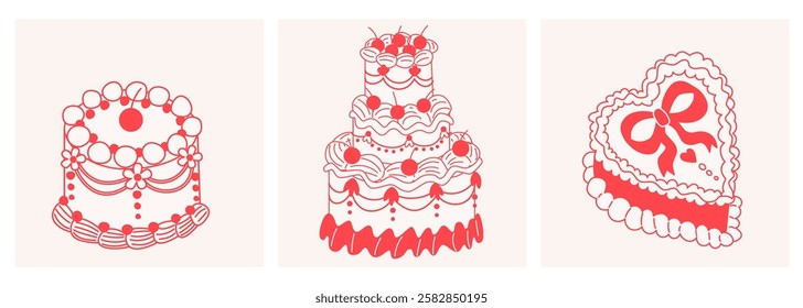 Set of cute retro lambeth cakes with cherries and strawberries in cartoon coquette style.Hand drawn nostalgic dessert vector illustration. Funny birthday background, poster, social media banner.