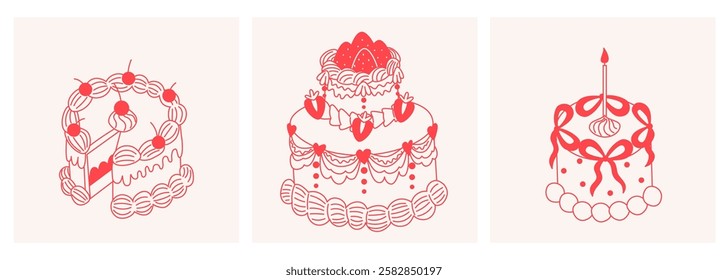 Set of cute retro lambeth cakes with cherries and strawberries in cartoon coquette style.Hand drawn nostalgic dessert vector illustration. Funny birthday background, poster, social media banner.