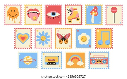 Set of cute retro postage stamps in 70s groovy hippy style isolated on white background.