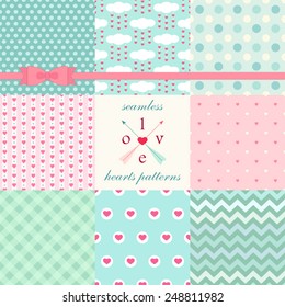 Set of cute retro primitive seamless patterns with hearts, polka dots and gingham