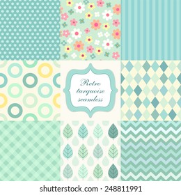 Set of cute retro primitive seamless patterns in turquoise colors