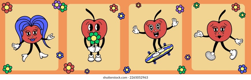 Set of cute retro red cherry characters. With face, hands, eyes, lips and flowers. Cherry mascot on a skateboard, with blue hairs, flowers in hands, vintage shoe and gloves. 
