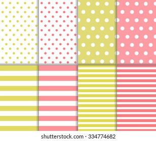 Set of cute retro seamless big and small polka dot pattern and lined textile on pastel yellow and light red color background with white spots, stripes and lines. Vector art image abstract illustration