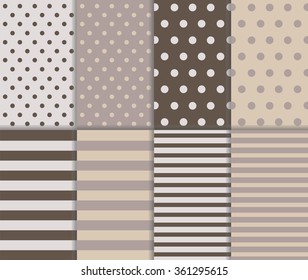 Set of cute retro seamless big and small polka dot pattern and lined textile on pastel brown and beige color background with white spots, stripes and lines. vector art image abstract illustration