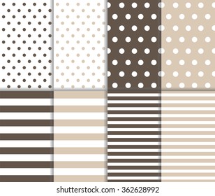 Set of cute retro seamless big and small polka dot pattern and lined textile on pastel brown and beige color background with white spots, stripes and lines. vector art image abstract illustration