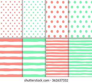 Set of cute retro seamless big and small polka dot pattern and lined textile on white color background with pastel red and light green spots, stripes and lines. vector art image abstract illustration