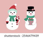 Set of cute retro snowman  flat stock vector illustration.
vintage snowman clipart.
Merry Christmas and happy holidays.