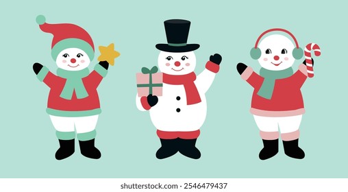 Set of cute retro snowman  flat stock vector illustration.
vintage snowman clipart.
Merry Christmas and happy holidays.