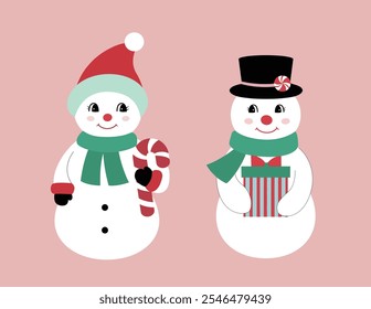 Set of cute retro snowman  flat stock vector illustration.
vintage snowman clipart.
Merry Christmas and happy holidays.