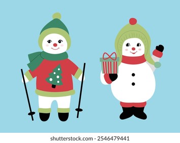 Set of cute retro snowman  flat stock vector illustration.
vintage snowman clipart.
Merry Christmas and happy holidays.