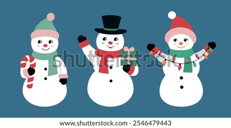 Set of cute retro snowman  flat stock vector illustration.
vintage snowman clipart.
Merry Christmas and happy holidays.