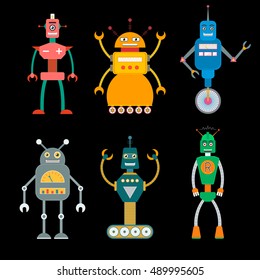 Set of cute retro toy robots in flat style. EPS10 vector illustration of vintage robot icons and characters.
