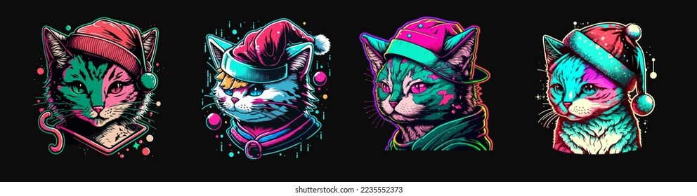 Set of Cute Retrowave Cat with christmas hat, isolated. christmas theme kitten set.cute Retrowave kitten.copy space and design assest.hand drawen cute Retrowave cat cartoon style sticker.tshirt design