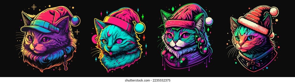 Set of Cute Retrowave Cat with christmas hat, isolated. christmas theme kitten set.cute Retrowave kitten.copy space and design assest.hand drawen cute Retrowave cat cartoon style sticker.tshirt design