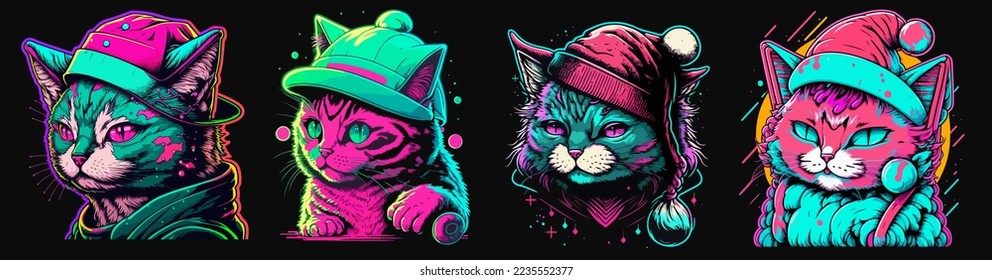 Set of Cute Retrowave Cat with christmas hat, isolated. christmas theme kitten set.cute Retrowave kitten.copy space and design assest.hand drawen cute Retrowave cat cartoon style sticker.tshirt design