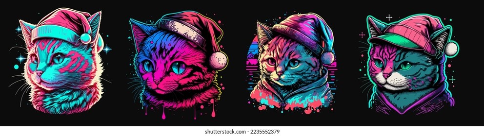 Set of Cute Retrowave Cat with christmas hat, isolated. christmas theme kitten set.cute Retrowave kitten.copy space and design assest.hand drawen cute Retrowave cat cartoon style sticker.tshirt design