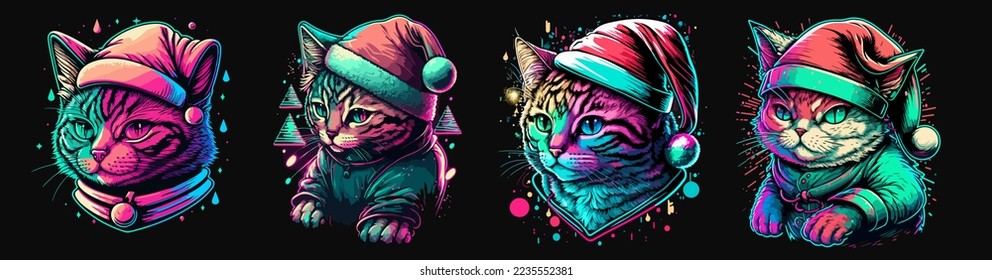 Set of Cute Retrowave Cat with christmas hat, isolated. christmas theme kitten set.cute Retrowave kitten.copy space and design assest.hand drawen cute Retrowave cat cartoon style sticker.tshirt design