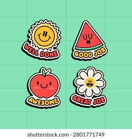 Set of cute reward stickers featuring positive messages and smiling characters for school, classroom, kids achievements, planners, and educational projects vector illustration cartoon style