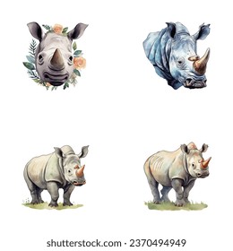 set of cute rhino watercolor illustrations for printing on baby clothes, sticker, postcards, baby showers, games and books, safari jungle animals vector